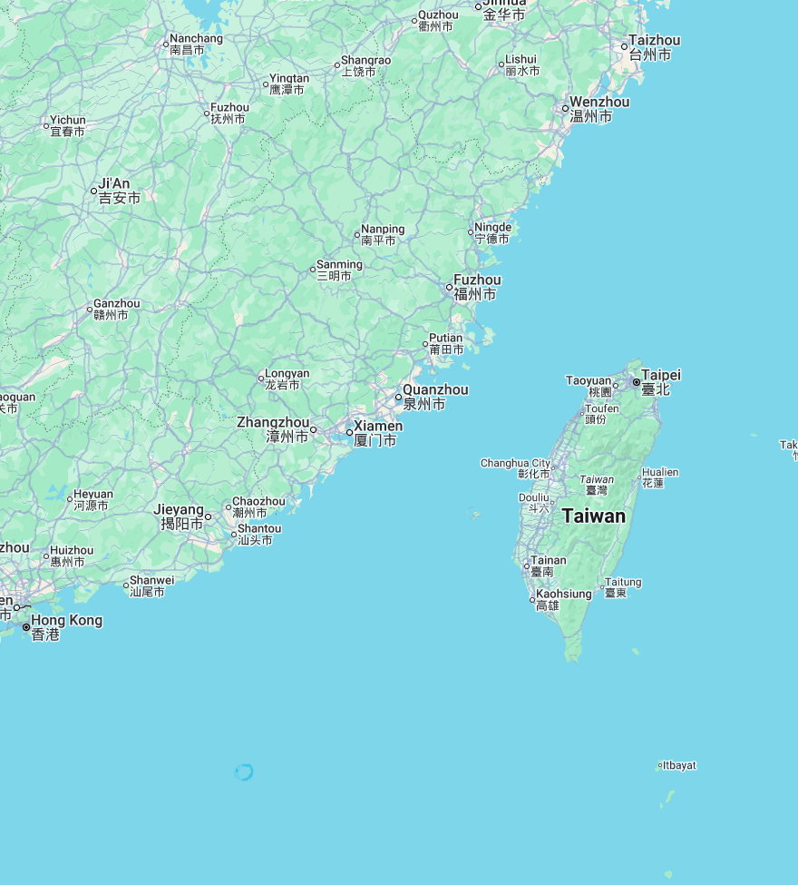 Map of Taiwan and southeast China highlighting Taichung